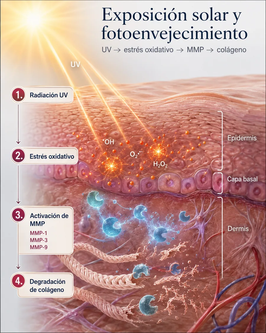 Infografía sobre exposición solar y fotoenvejecimiento: radiación UV, estrés oxidativo, activación de metaloproteinasas MMP y degradación del colágeno en la piel.