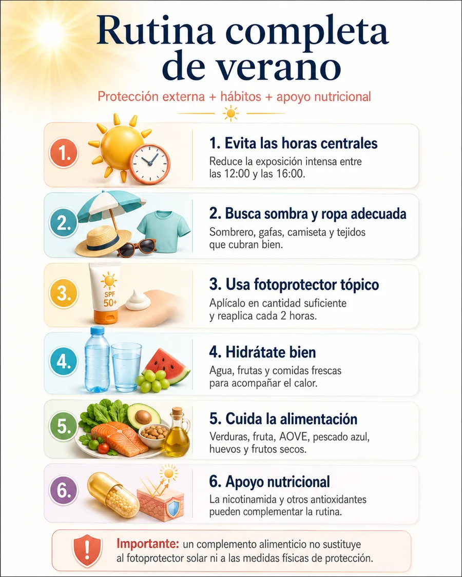 Infografía con rutina completa de verano para el cuidado de la piel: evitar horas centrales, buscar sombra, usar fotoprotector, hidratarse, cuidar la alimentación y añadir apoyo nutricional.